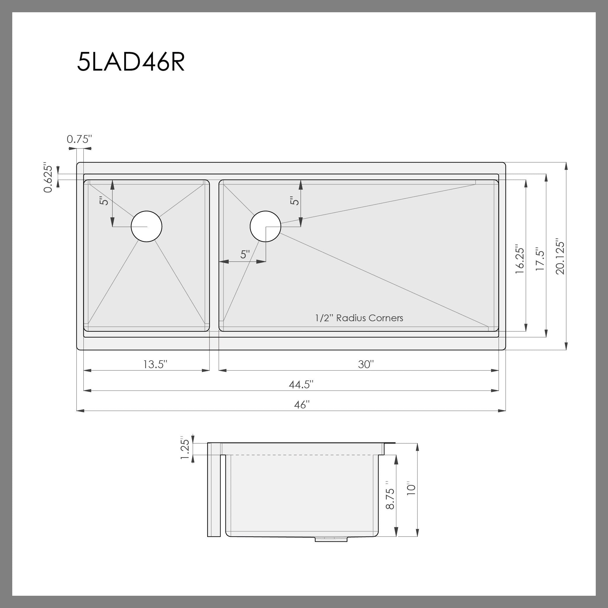 Dimensions for the 46” double basin apron front farmhouse stainless steel kitchen sink from Create Good Sinks