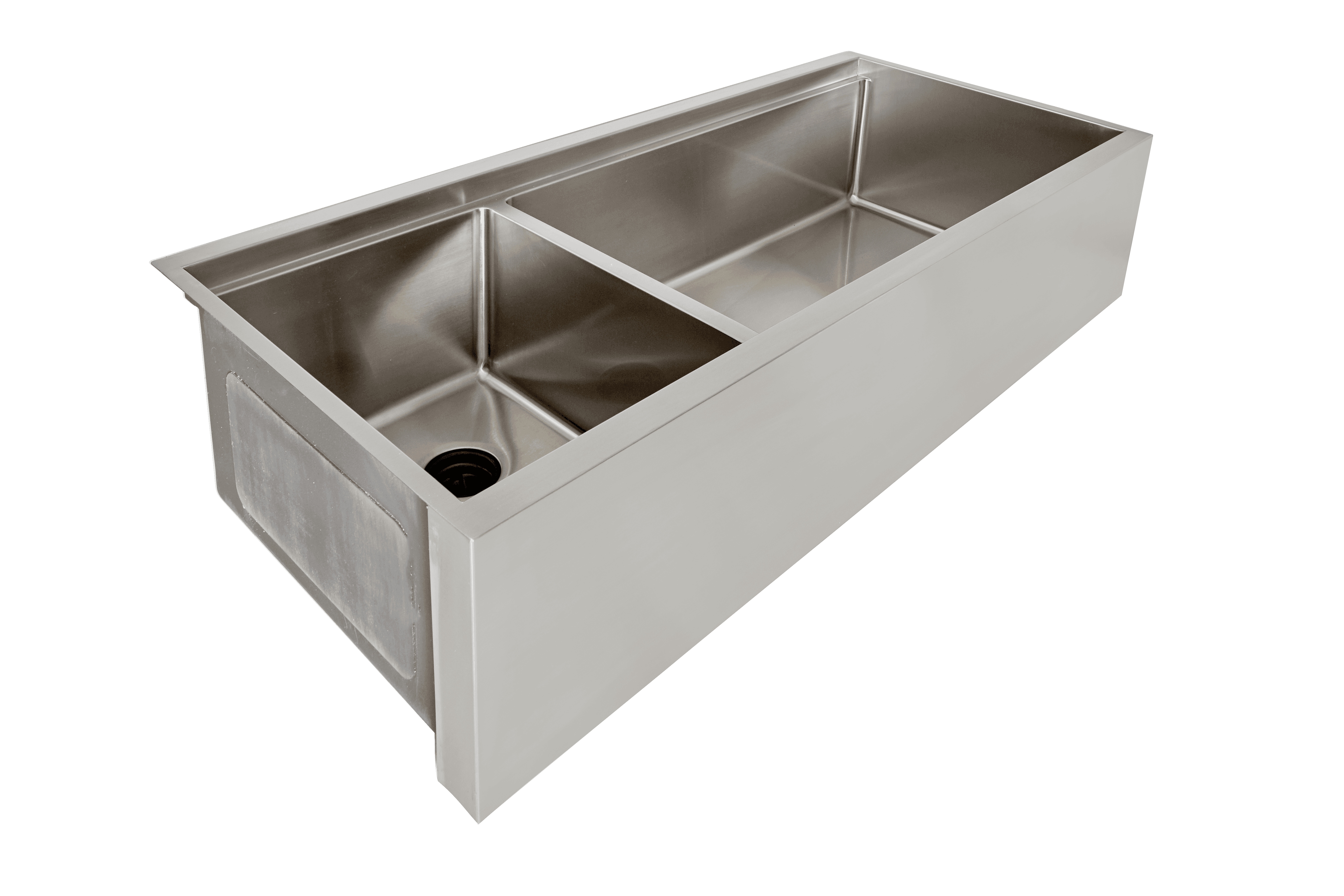 Oversized 46” farmhouse workstation kitchen sink with dual basins and seamless drains in the corner of the sink.