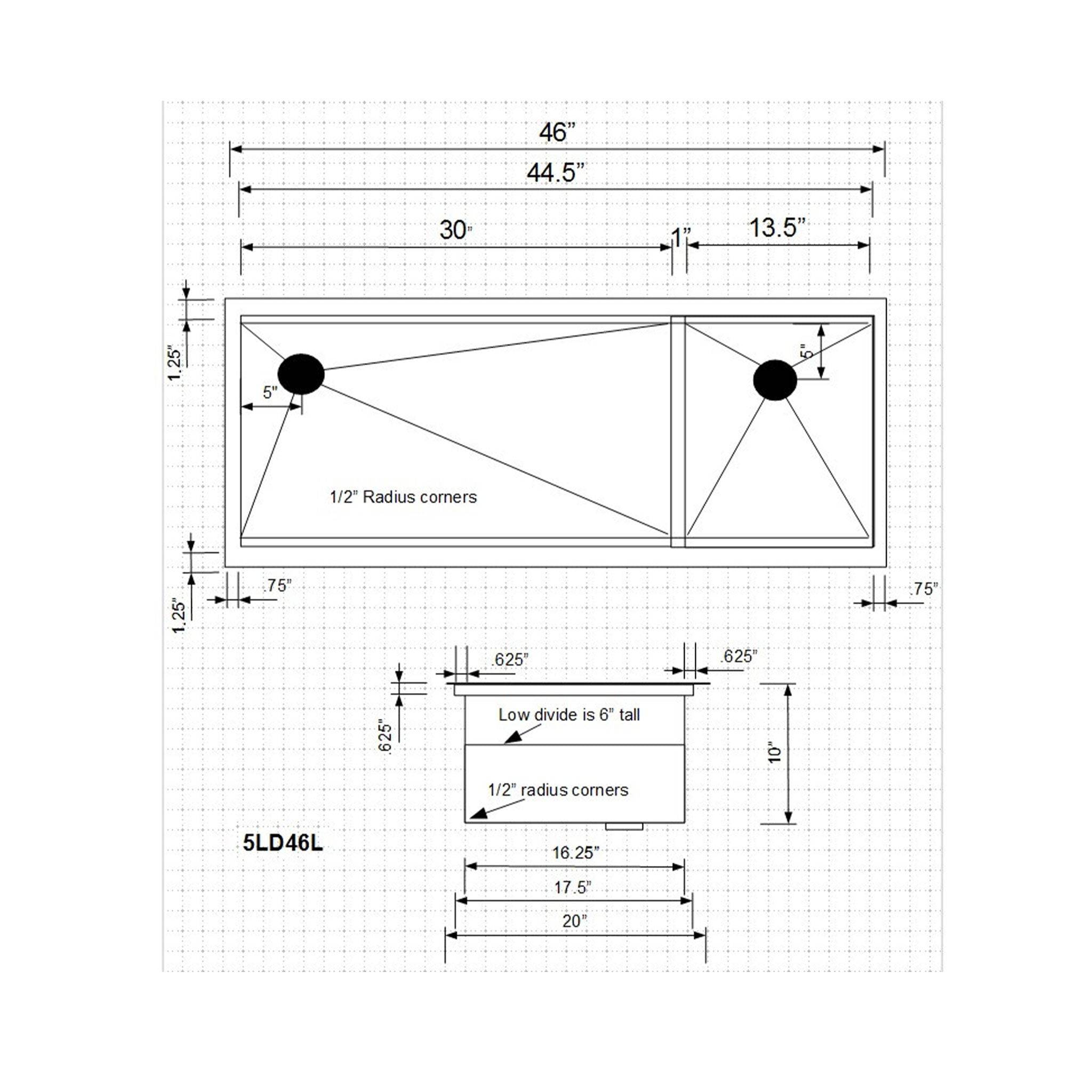 Dimensions for Create Good Sinks’ 5LD46L Stainless Steel 16 Gauge Kitchen SInk