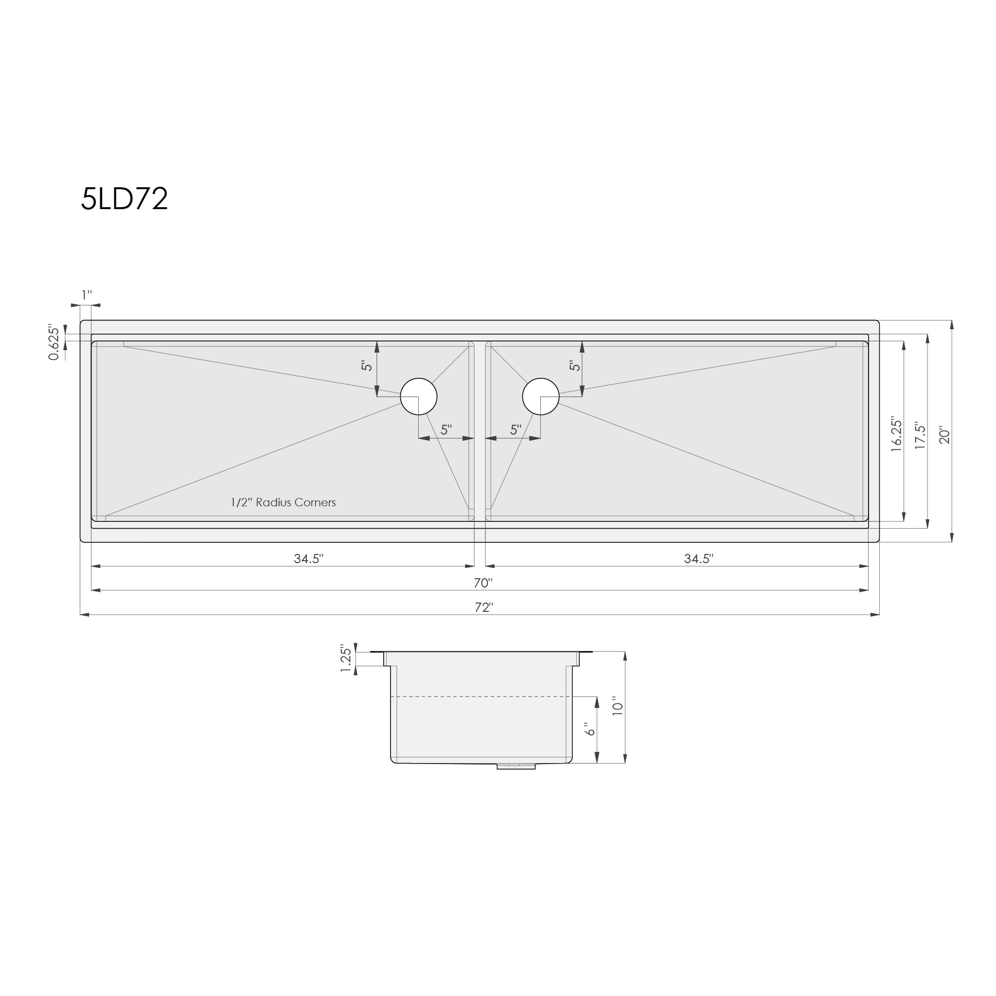 Dimensions for the 72" Coupled Basin Stainless Steel Kitchen Sink From Create Good Sinks