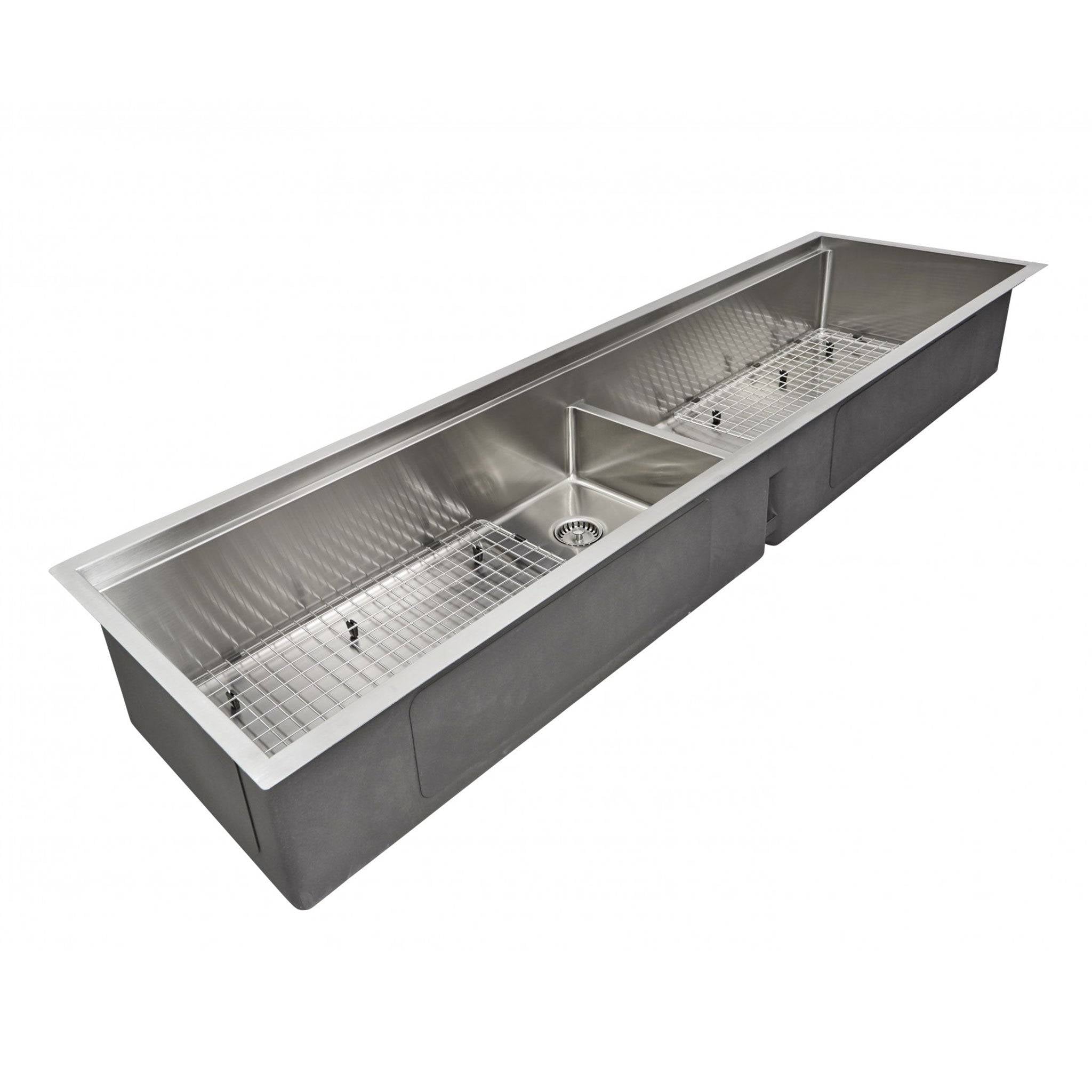 Twin basin stainless steel kitchen sink in a 72" kitchen sink with offset seamless drains