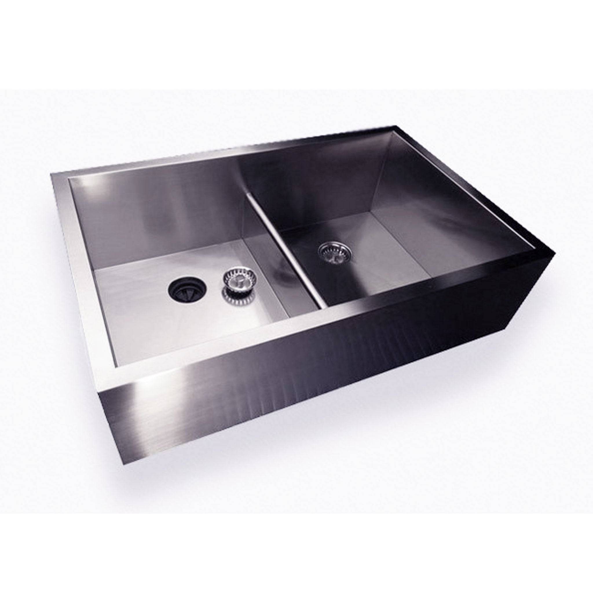 Stainless steel 33-inch double bowl farmhouse sink with zero radius design. Features an apron front for a sleek, contemporary look.