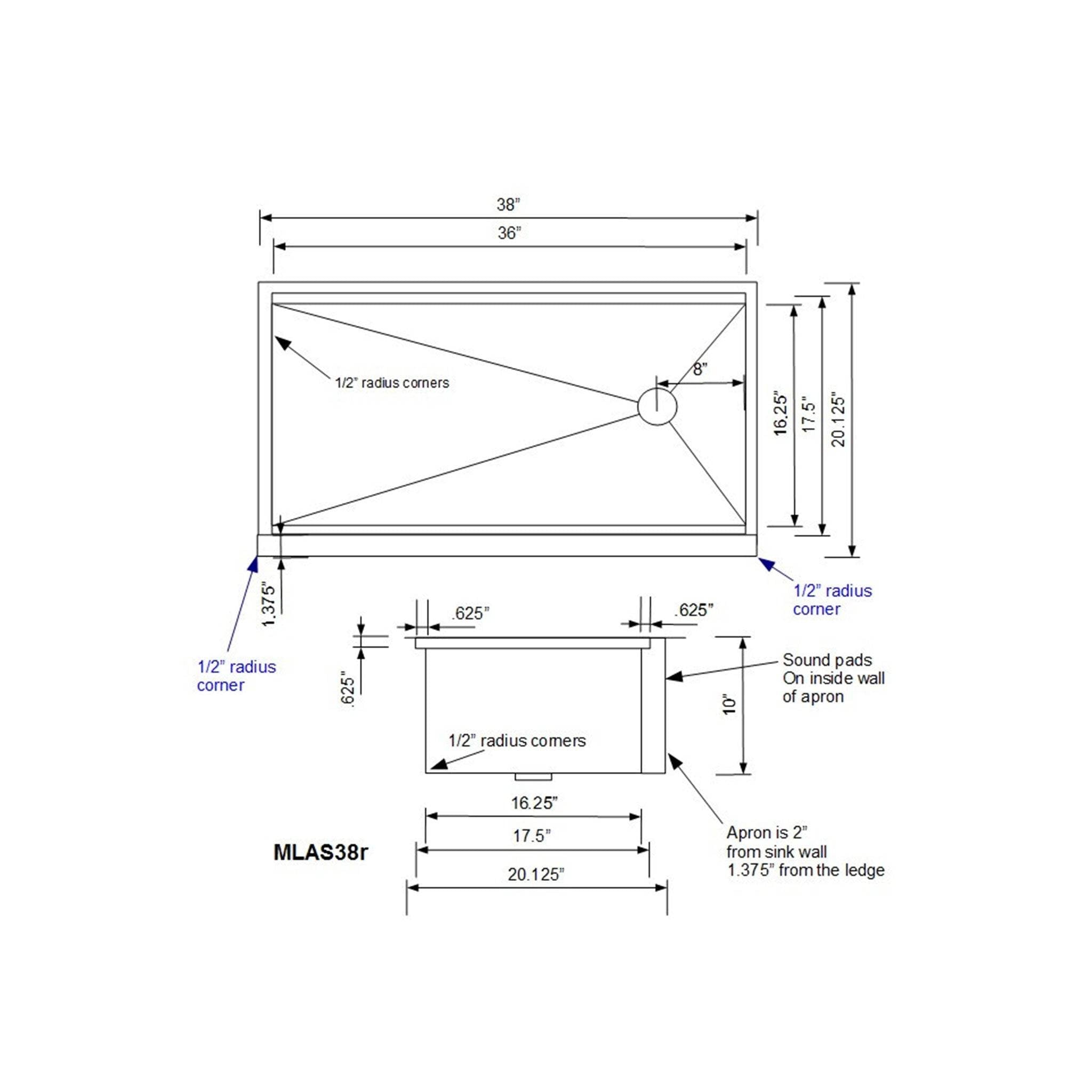 Technical drawing of the 38-inch stainless steel farmhouse sink, detailing dimensions, apron front, and installation specifications.