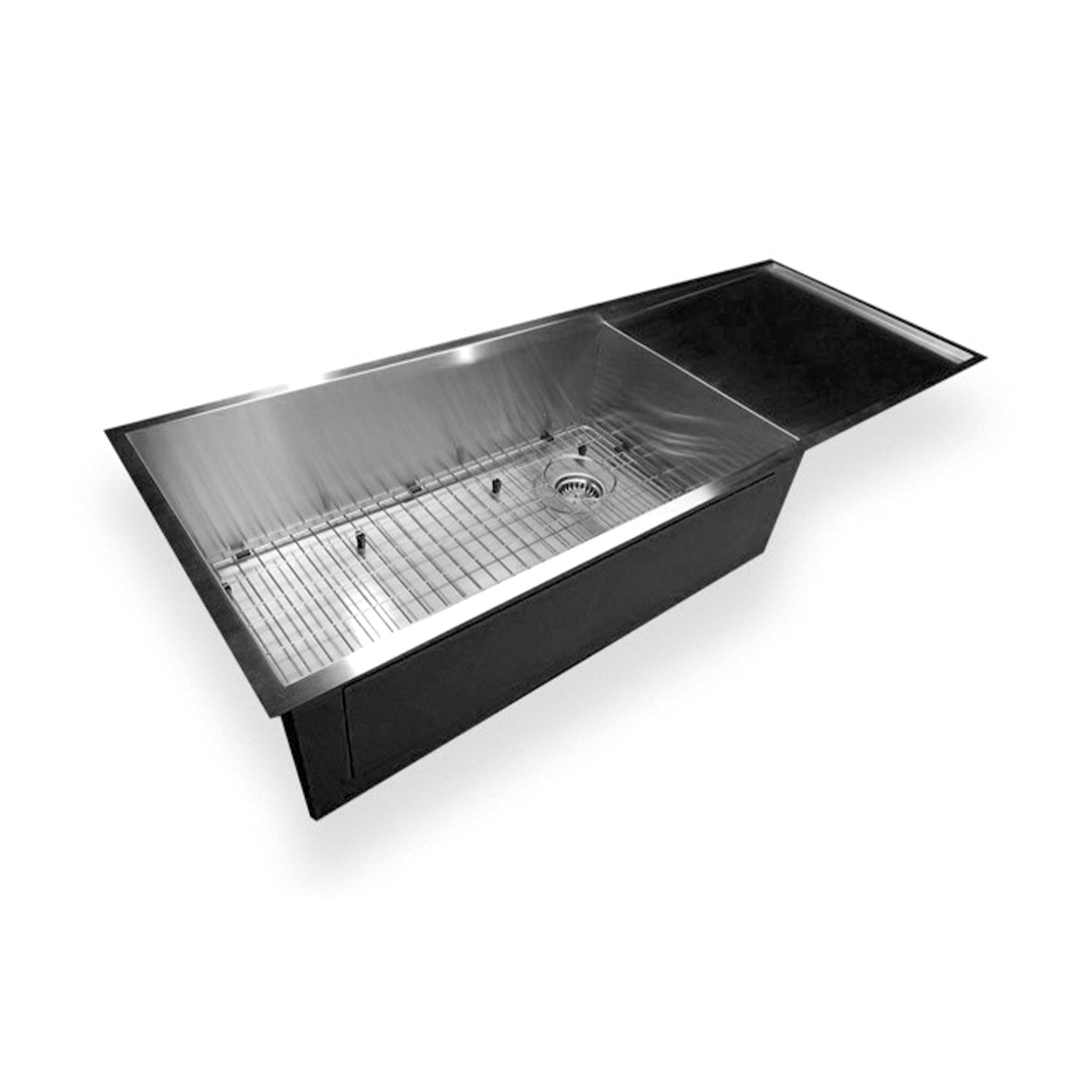 50-inch zero radius stainless steel sink with right drain and protective grid. Single bowl undermount design with integrated drainboard.