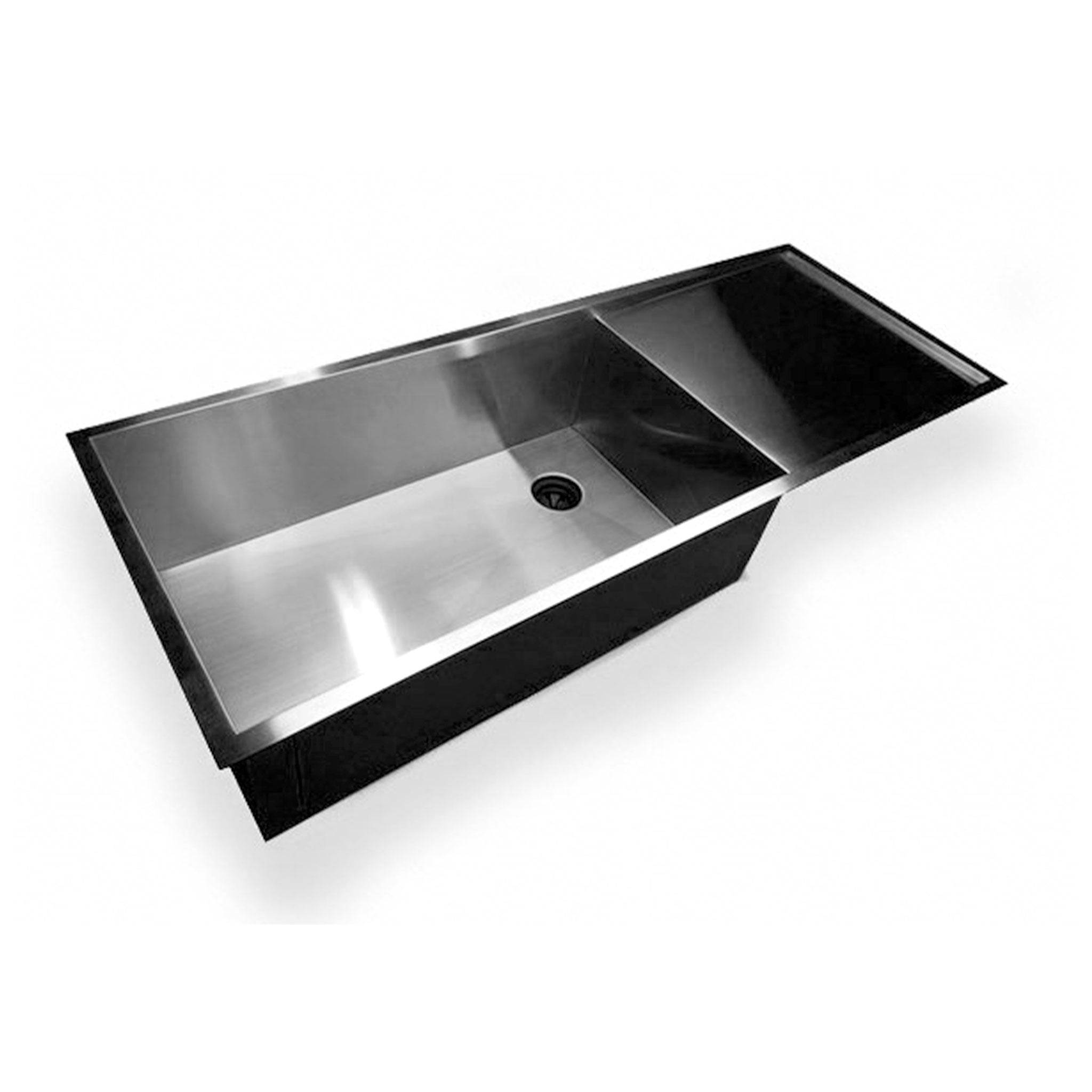 50-inch zero radius undermount sink with right drain and integrated drainboard. Stainless steel single bowl design for modern kitchens.