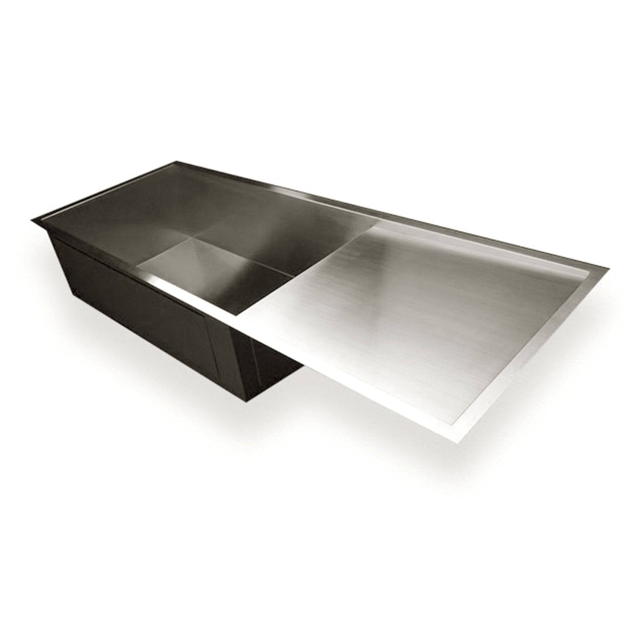 Top view of 50-inch zero radius undermount sink with right drain and drainboard. Stainless steel single bowl design for kitchen use.