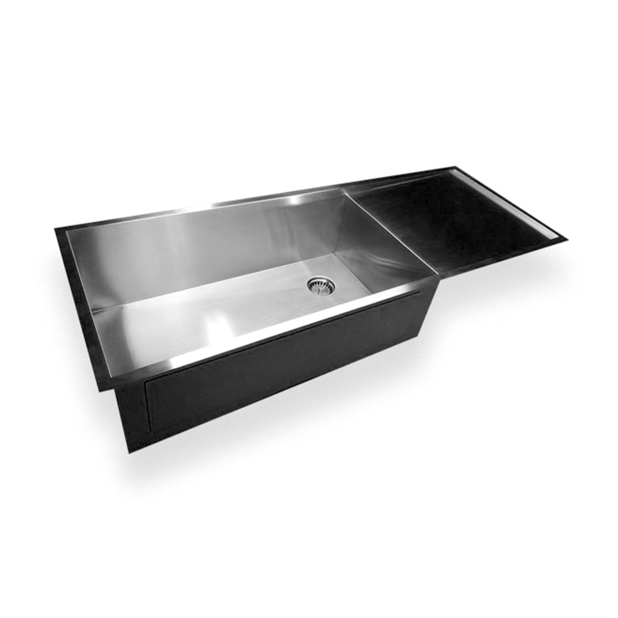 50-inch zero radius stainless steel sink with right drain and drainboard. Single bowl undermount design for modern kitchen installations.