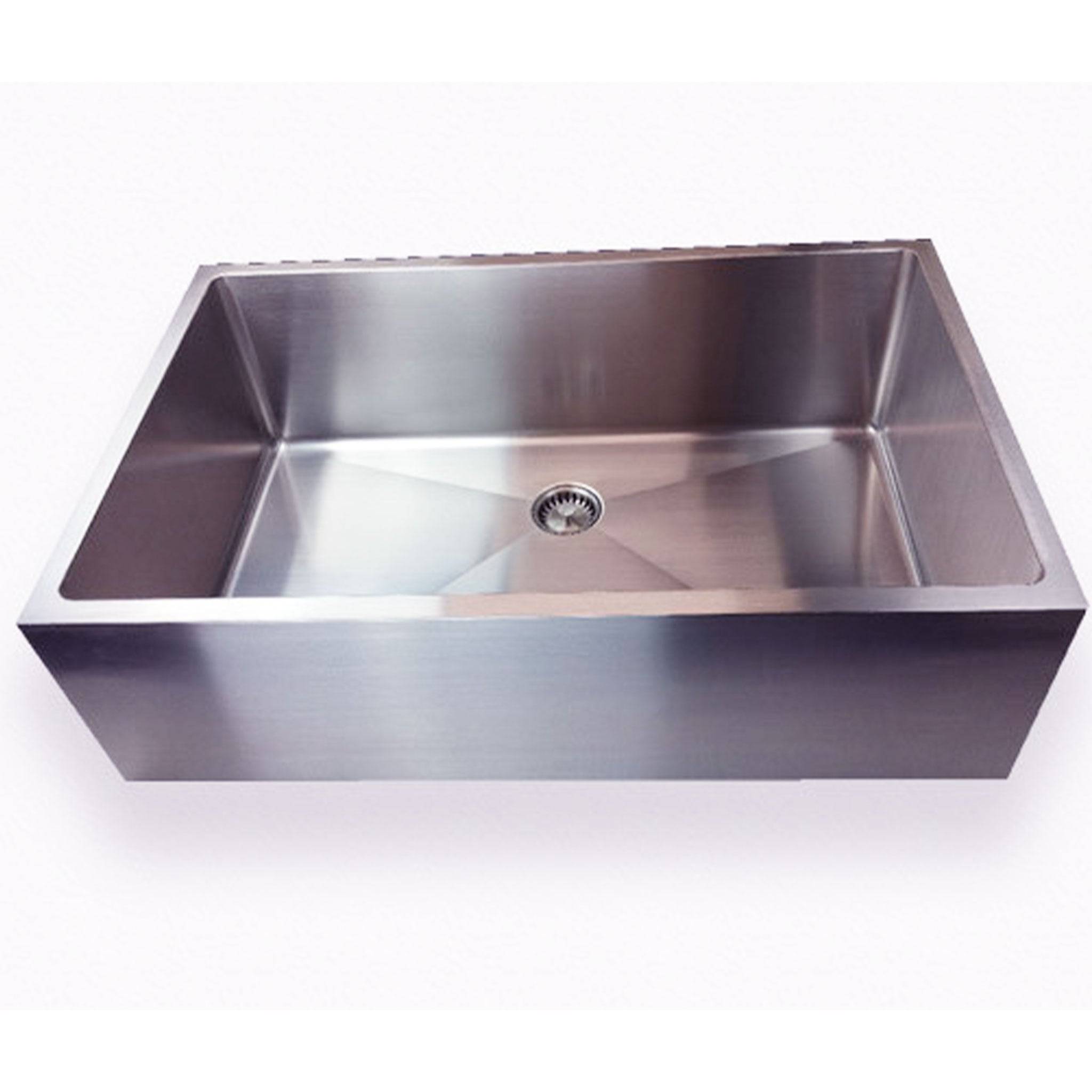 Overhead view of 33” farmhouse style classic sink with singular basin and seamless drain