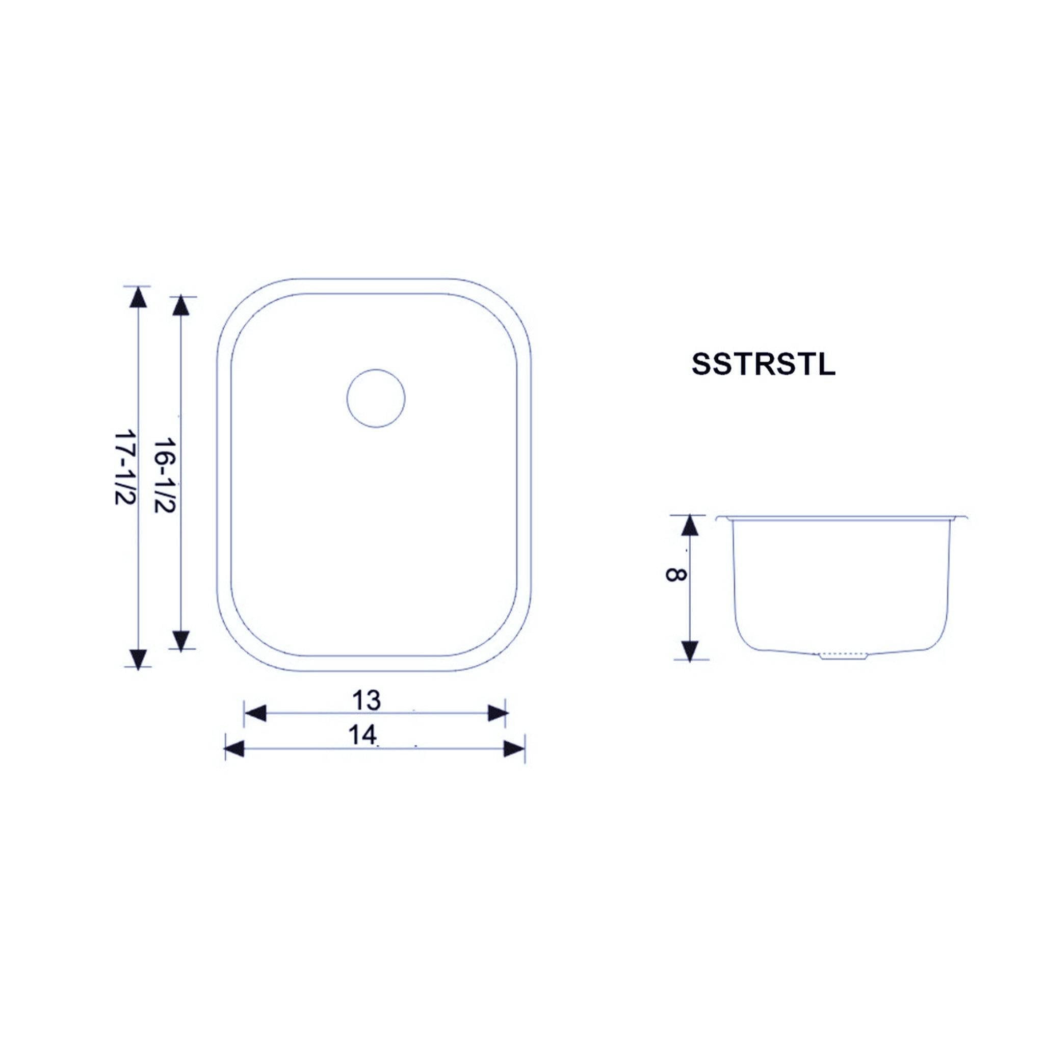 Technical drawing of the 14-inch gentle radius single bowl undermount sink with precise dimensions for accurate installation planning.