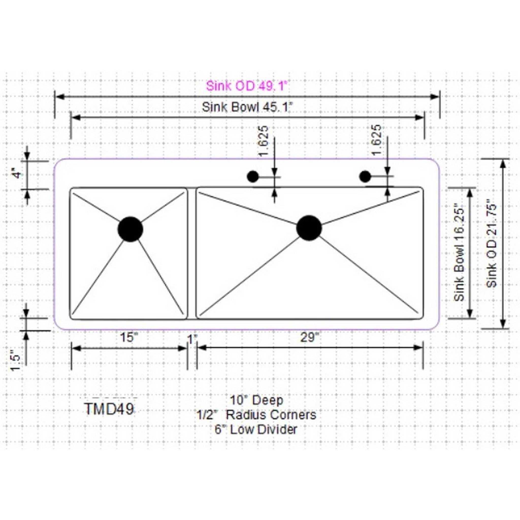 Technical drawing of 49-inch top mount drop-in double bowl sink, showing dimensions, bowl sizes, and installation specifications. Model TMD49.