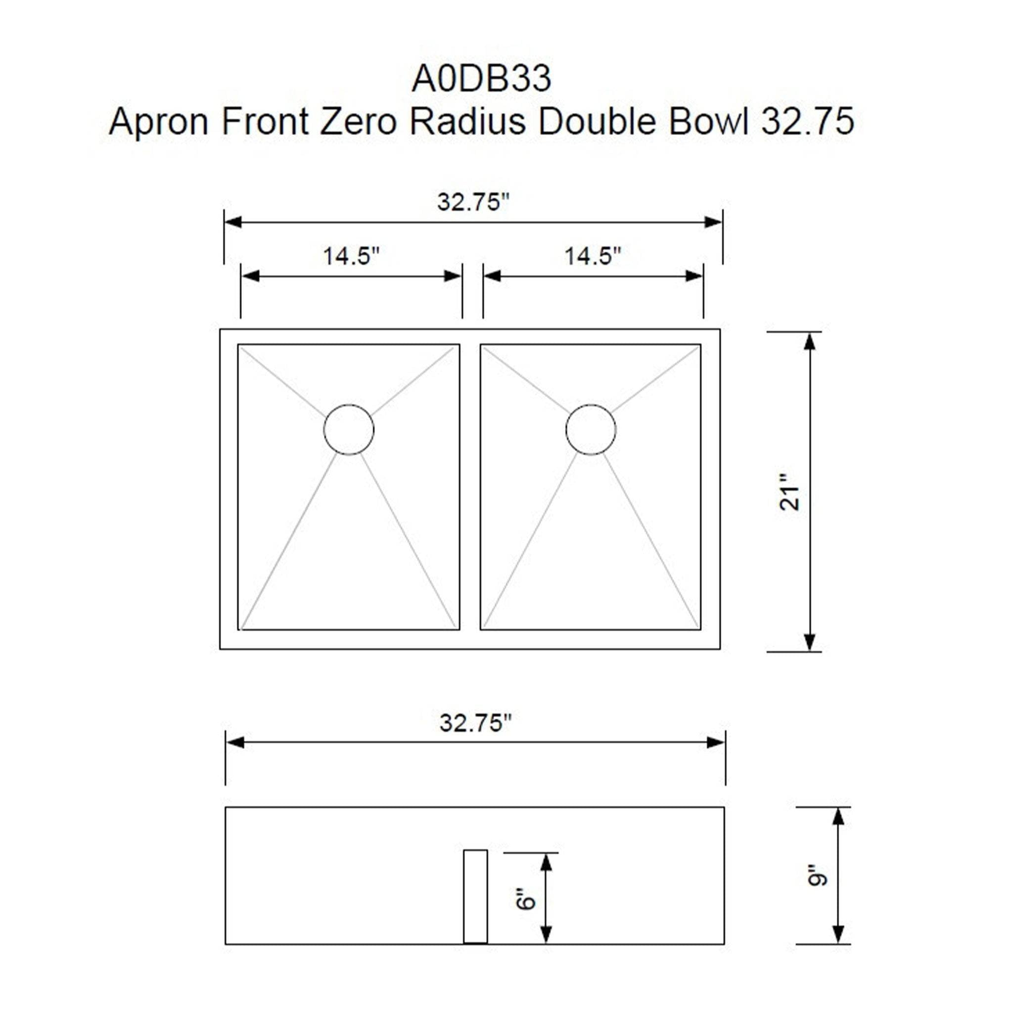 Technical drawing of a 33-inch apron front farmhouse sink with zero radius corners. Includes dimensions and double bowl layout details.