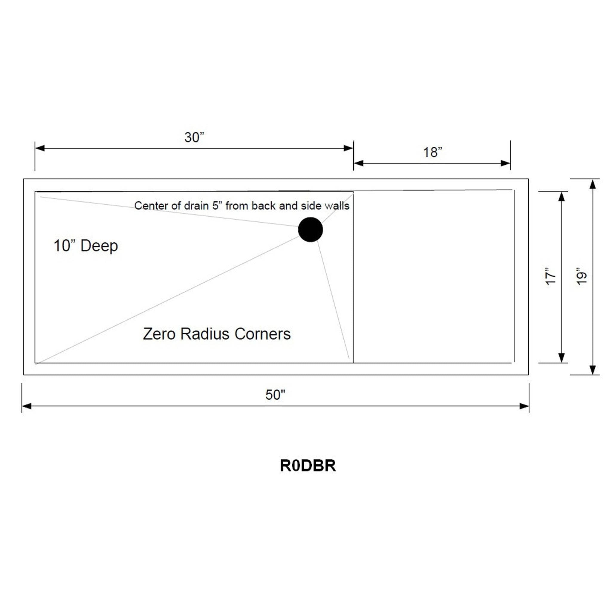 Technical diagram of 50-inch zero radius undermount sink with right drain. Includes dimensions and layout details for installation reference.